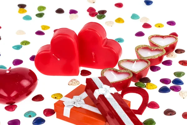 Fundo Conceito Valentine Com Corações Velas Caixas Presente Isoladas Branco — Fotografia de Stock