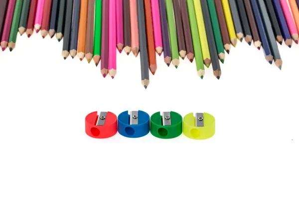 Colorful Pencils Pencils Sharpener Isolated White Background — Foto de Stock