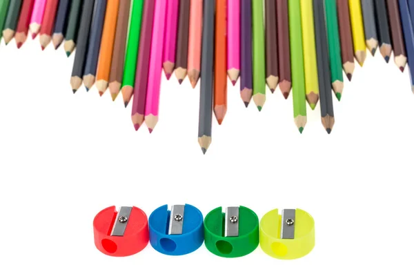 Colored Pencils Sharpeners White Background — Foto de Stock