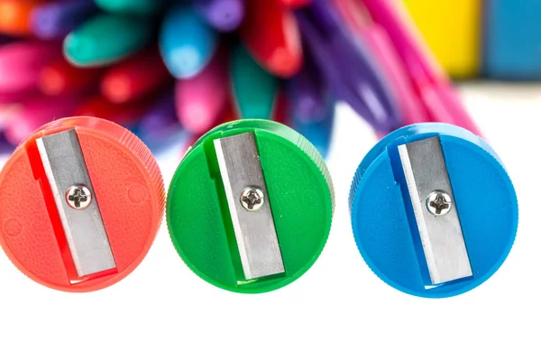 Pencil Sharpeners Colorful Felt Tip Pens White Background — Fotografia de Stock