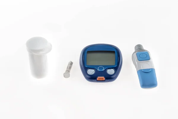 Cukorbetegség Glükóz Szint Vérvizsgálat Ultra Mini Glucometer Készlet Egy Kis — Stock Fotó