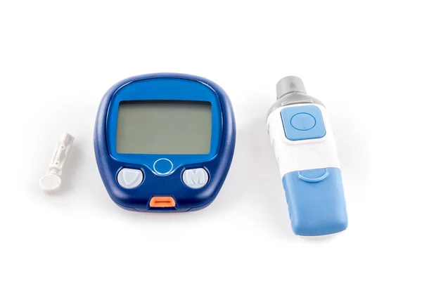 Cukorbetegség Glükóz Szint Vérvizsgálat Ultra Mini Glucometer Készlet Egy Kis — Stock Fotó