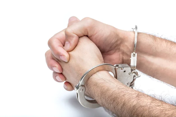 Handcuffed Hands Closeup View Handcuffed Man Rising His Hands — Stock Photo, Image