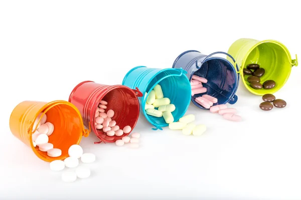 Pills Capsules Small Buckets Light Background — Stockfoto