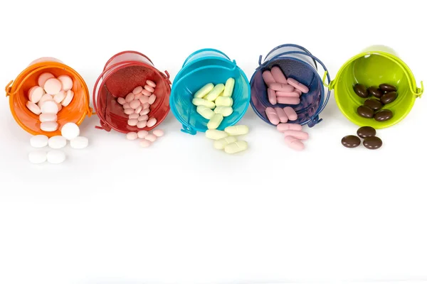 Pills Capsules Small Buckets Light Background — Stockfoto