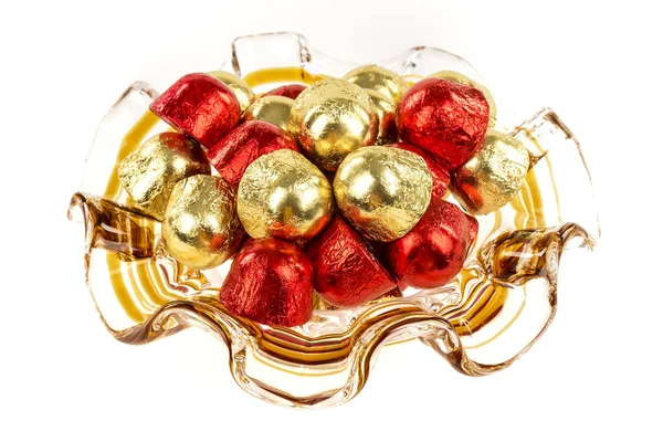 Chocolate Candies Wrapped Gold Red Isolated White Background — Fotografia de Stock