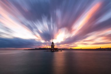 Istanbul, Turkey-July 27, 2019: illuminated Maiden's Tower at the sunset