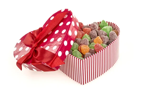 View Heart Shaped Box Colorful Candies — Fotografia de Stock