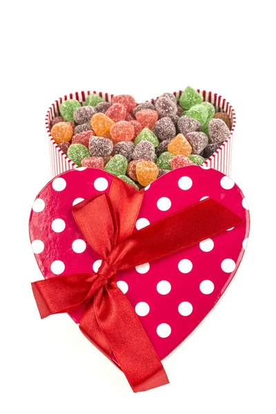 View Heart Shaped Box Colorful Candies — Stok Foto