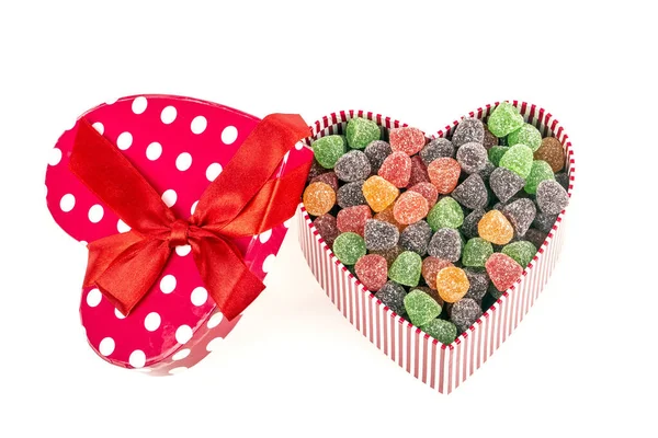 View Heart Shaped Box Colorful Candies — Fotografia de Stock