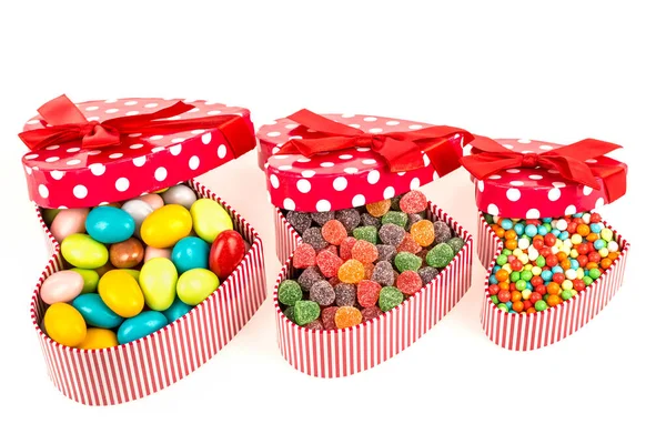 Set Heart Shaped Boxes Colorful Candies — Photo