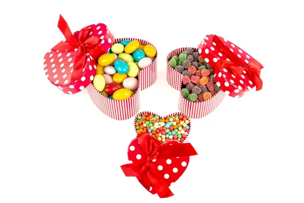 Set Heart Shaped Boxes Colorful Candies — Fotografia de Stock