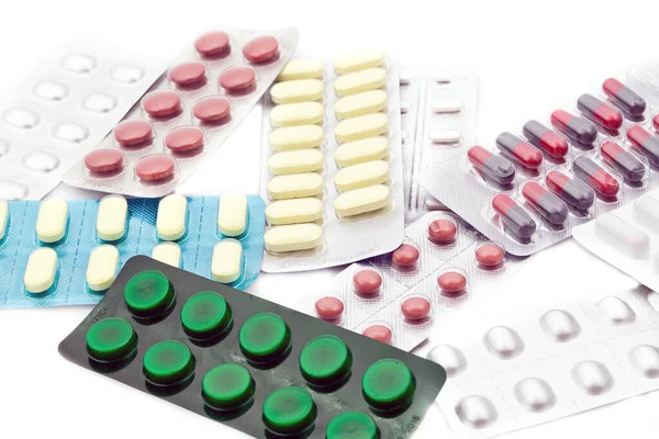 Piller Och Tabletter Vit Bakgrund — Stockfoto