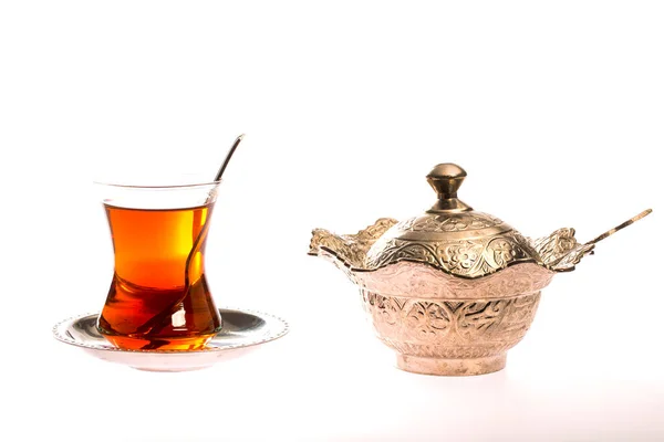 Turkish Tea Set Sugar Bowl Glass White Background — Stock Photo, Image