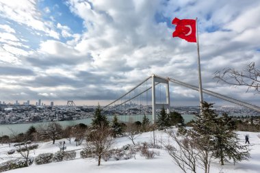 Beautiful view of Turkish flag on the Bosporus bridge background