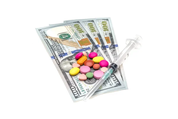 Money Pills Syringe White Background — 图库照片