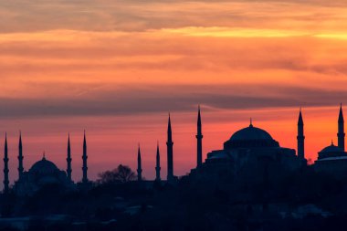 Hagia Sophia mosque at sunset in the evening.