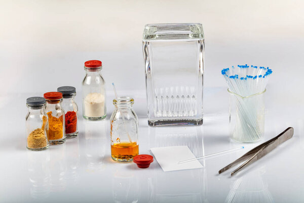 TLC equipments include, capillaries, silica gel, jar and compounds. Thin layer chromatography is used to separate components.