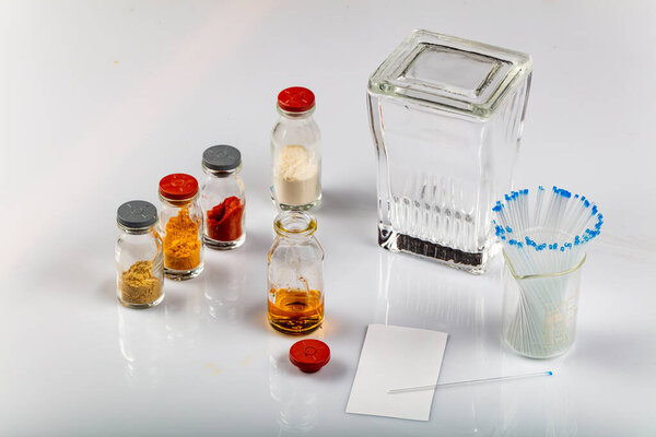 TLC equipments include, capillaries, silica gel, jar and compounds. Thin layer chromatography is used to separate components.