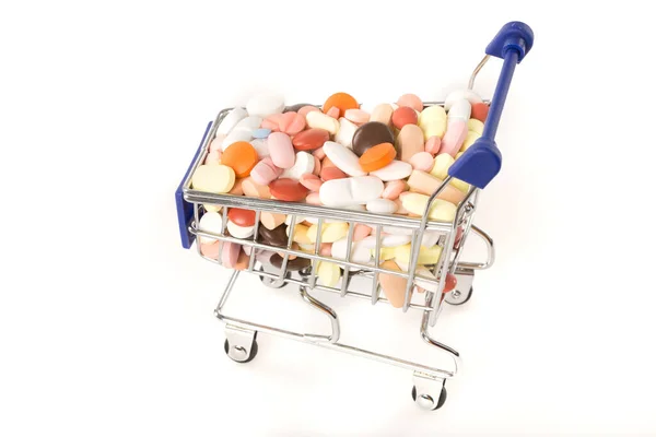 Nákupní Košík Pilulkami Tabletami Tobolkami Bílém Pozadí — Stock fotografie