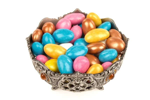 Kolorowe Cukierki Czekoladowe Metalowym Naczyniu — Zdjęcie stockowe