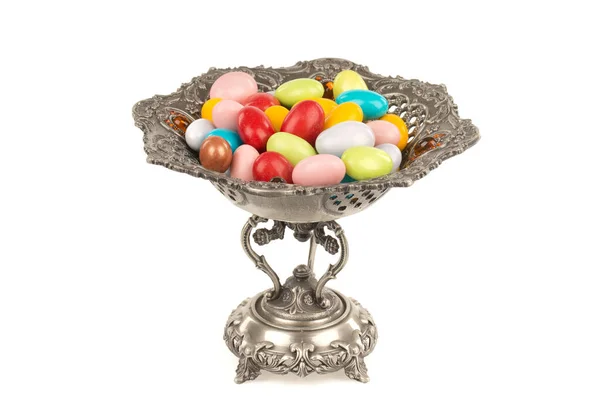 Kolorowe Cukierki Czekoladowe Metalowym Naczyniu — Zdjęcie stockowe