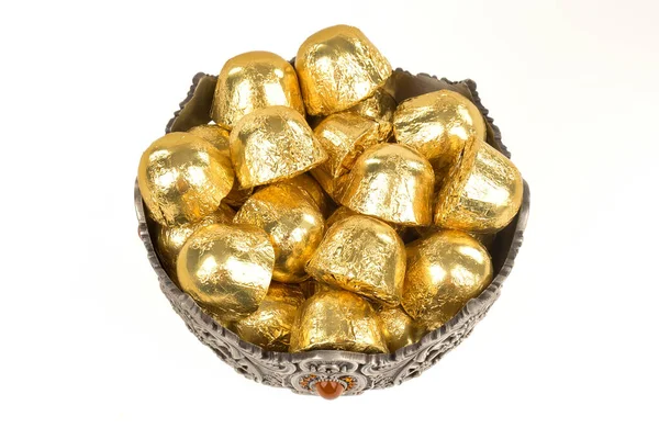 Foil Covered Chocolate Candies Metal Dish Isolated White Background — Zdjęcie stockowe