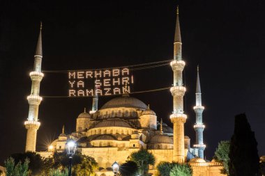 ISTANBUL, TURKEY - MAY 16, 2019:  Islamic message lettering hanging on Mosque  