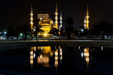 ISTANBUL, TURKEY - MAY 16, 2019:  Islamic message lettering hanging on Mosque  