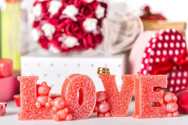 Liebe Kerze Mit Geschenken Valentine Konzept Hintergrund — Stockfoto