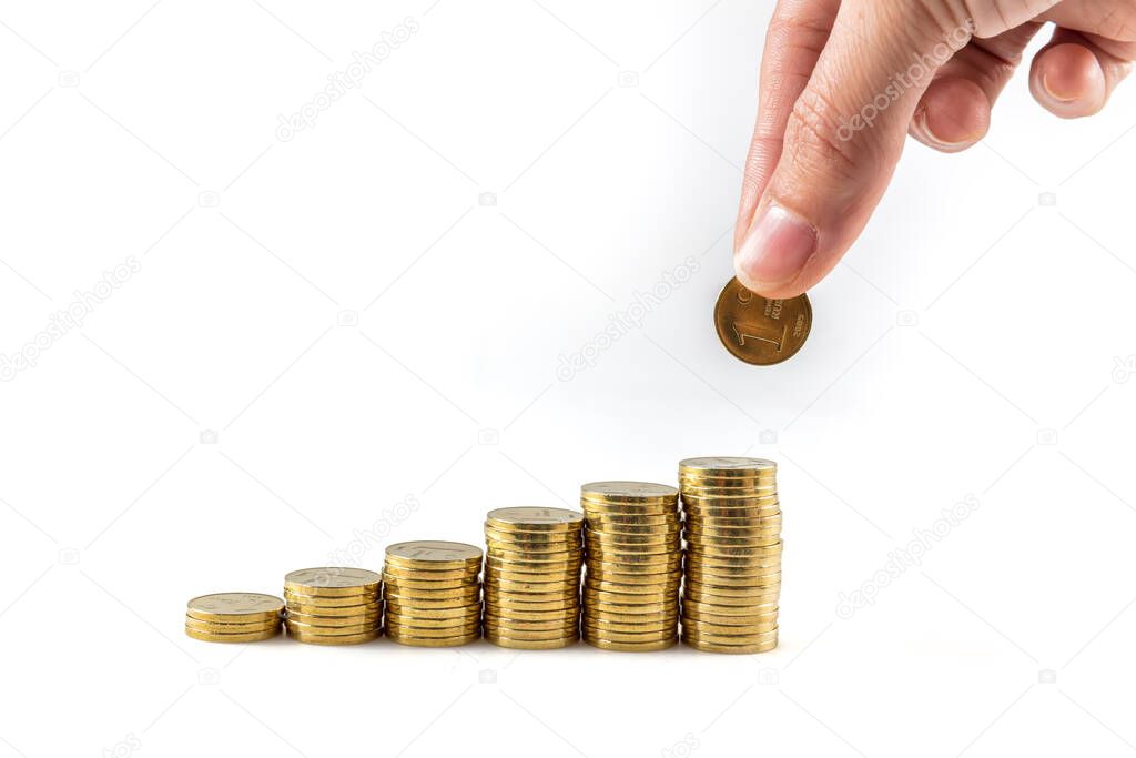 Turkish coins raising chart in isolated white background. Saving Concept