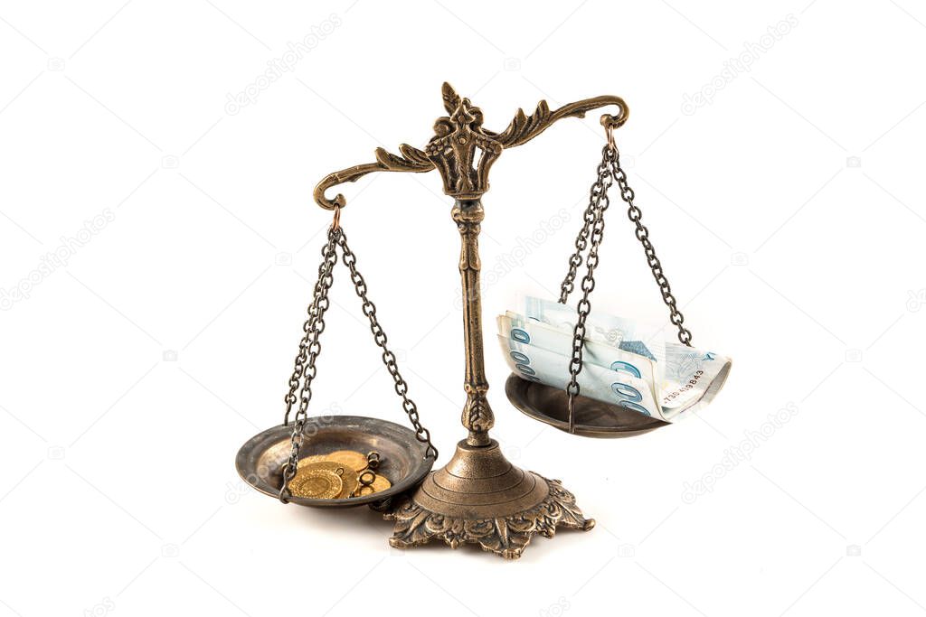 Turkish gold coins and hand scales. Saving Concept
