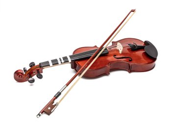 Beyaz arka planda keman sopası olan gerçekçi bir ahşap keman. Sherlock Holmes 'un müzik aleti. Kartpostallar, tasarım ve işiniz için vektör görüntüsü.