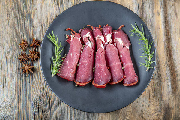 Turkish bacon , pastrami ( kayseri pastirma ). Beef pastrami sliced, roasted beef, slow cooking with marinated.