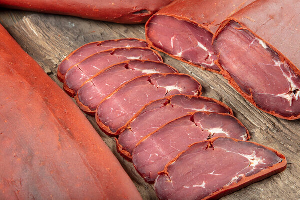 Turkish bacon pastrami, Beef pastrami sliced Pastirma or Turkish pastrami is known as a dried meat.