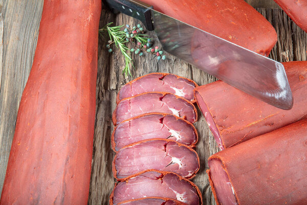 Turkish bacon pastrami, Beef pastrami sliced Pastirma or Turkish pastrami is known as a dried meat.