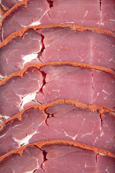 Tradicional Turco Fatiado Carne Envelhecida Seca Pastirma Bacon Turco Pastrami — Fotografia de Stock