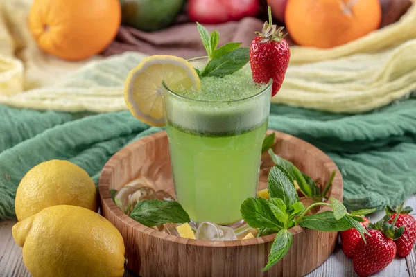 Lemonade Kiwi Green Basil Grapefruit Syrup Ice Selective Focus — Stock Photo, Image