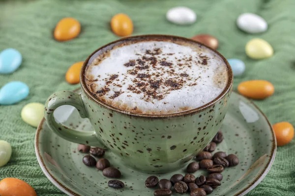 Taza Café Capuchino Sobre Mesa Madera — Foto de Stock