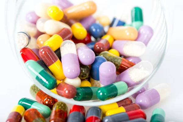 Pills Capsules Glass Jar White Background — Foto de Stock