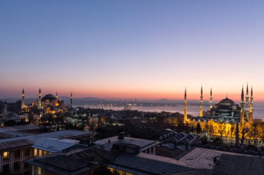 The cityscape with illuminated Hagia Sophia mosque and Blue mosque 