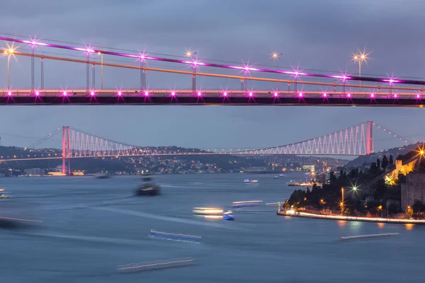 Illuminated Fatih Sultan Mehmet Bridge Bosphorus Bridge Long Exposure Istanbul — Foto de Stock