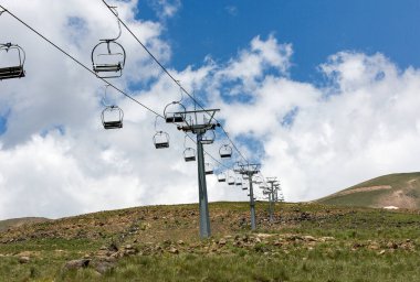 cable car in the mountain landscape with blue sky and clouds