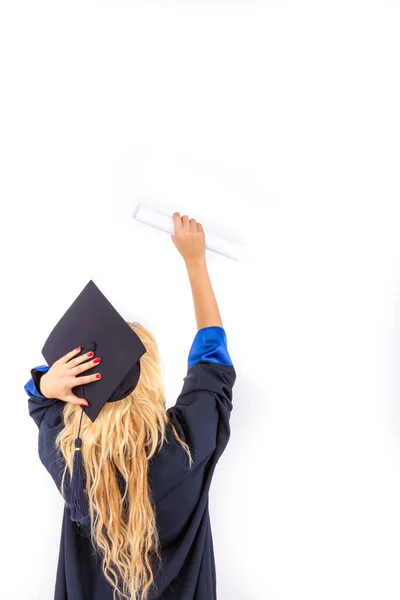 Happy Blonde Woman Graduate University — Foto Stock