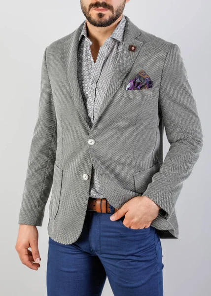 Handsome Young Man Grey Jacket White Background —  Fotos de Stock