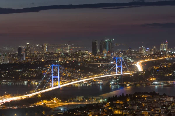 Боспорський Міст Ввечері Світлом Панорама Стамбула Босфорського Моста Вночі Стамбул — стокове фото