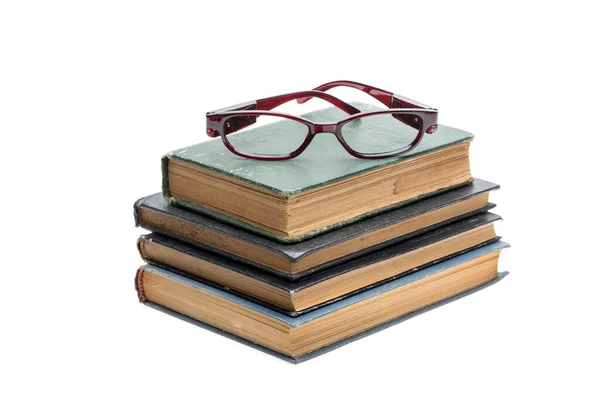 Stack Books Eyeglasses Isolated White Background — Foto de Stock