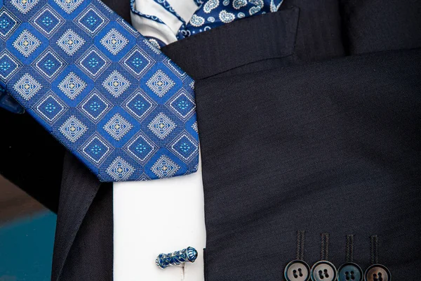 Luxus Férfi Ruházati Kiegészítők Kék Kollekció Kabát Mandzsettagombok Nyakkendő Zsebkendő — Stock Fotó