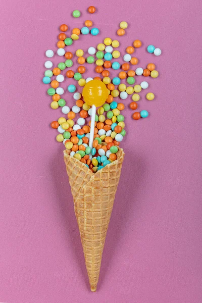 Waffle Horn Colored Lollipops Candy Pink Background Top View Sweets — Stock Photo, Image