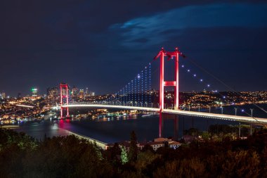 İstanbul 'daki İstanbul Köprüsü - Asya ile Avrupa' yı birbirine bağlıyor. İyi akşamlar, uzun pozlama..